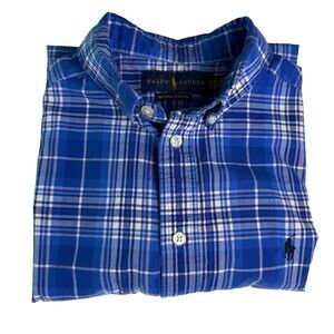 Ralph Lauren Boys Blue Plaid Short Sleeve Button Down Shirt Size L 14-16 Cotton
